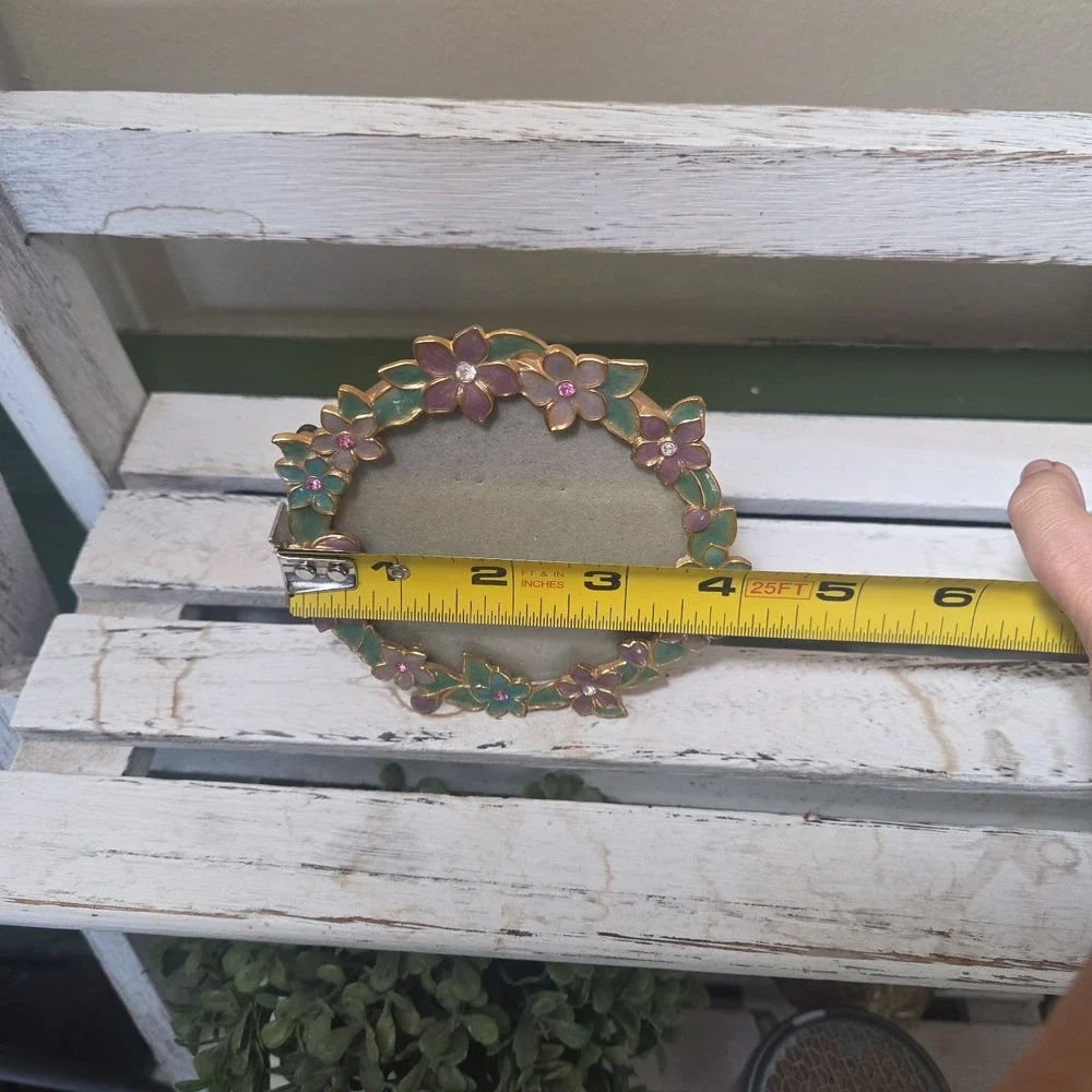 Vtg Carr Metal Purple Green Pink Enamel Jewels Floral Round Picture Frame